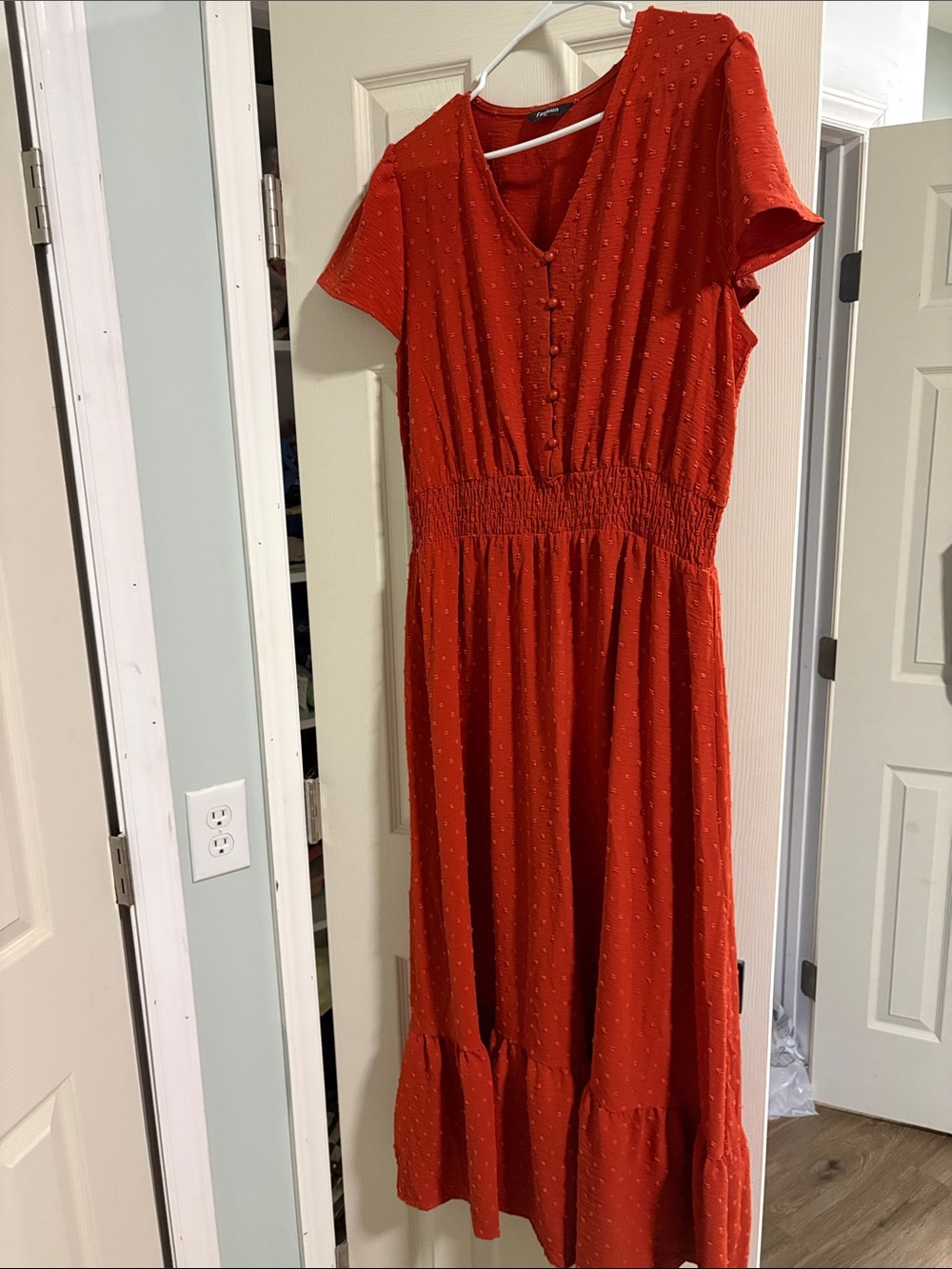 Burnt orange-Sleeve Midi Dress with Smocked Waist